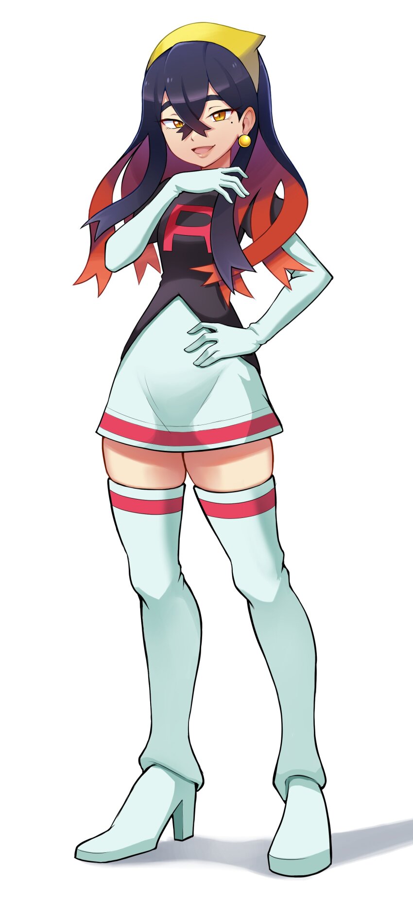 1girl, :d, absurdres, black_hair, boots, carmine_(pokemon), commentary, commission, cosplay, domino_(pokemon), domino_(pokemon)_(cosplay), earrings, elbow_gloves, full_body, gloves, hair_between_eyes, hand_on_own_hip, hand_up, high_heel_boots, high_heels, highres, jewelry, logo, long_hair, looking_at_viewer, mole, mole_under_eye, mr.thunderigor, nintendo, open_mouth, pokemon, pokemon_(anime), pokemon_(classic_anime), pokemon_scarlet_and_violet, skirt, smile, solo, standing, team_rocket, team_rocket_uniform, white_background, white_boots, white_gloves, white_skirt, yellow_eyes