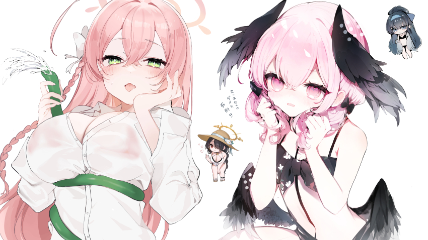 4girls, absurdres, bikini, bikini_under_clothes, birthmark, black_bikini, black_hair, black_wings