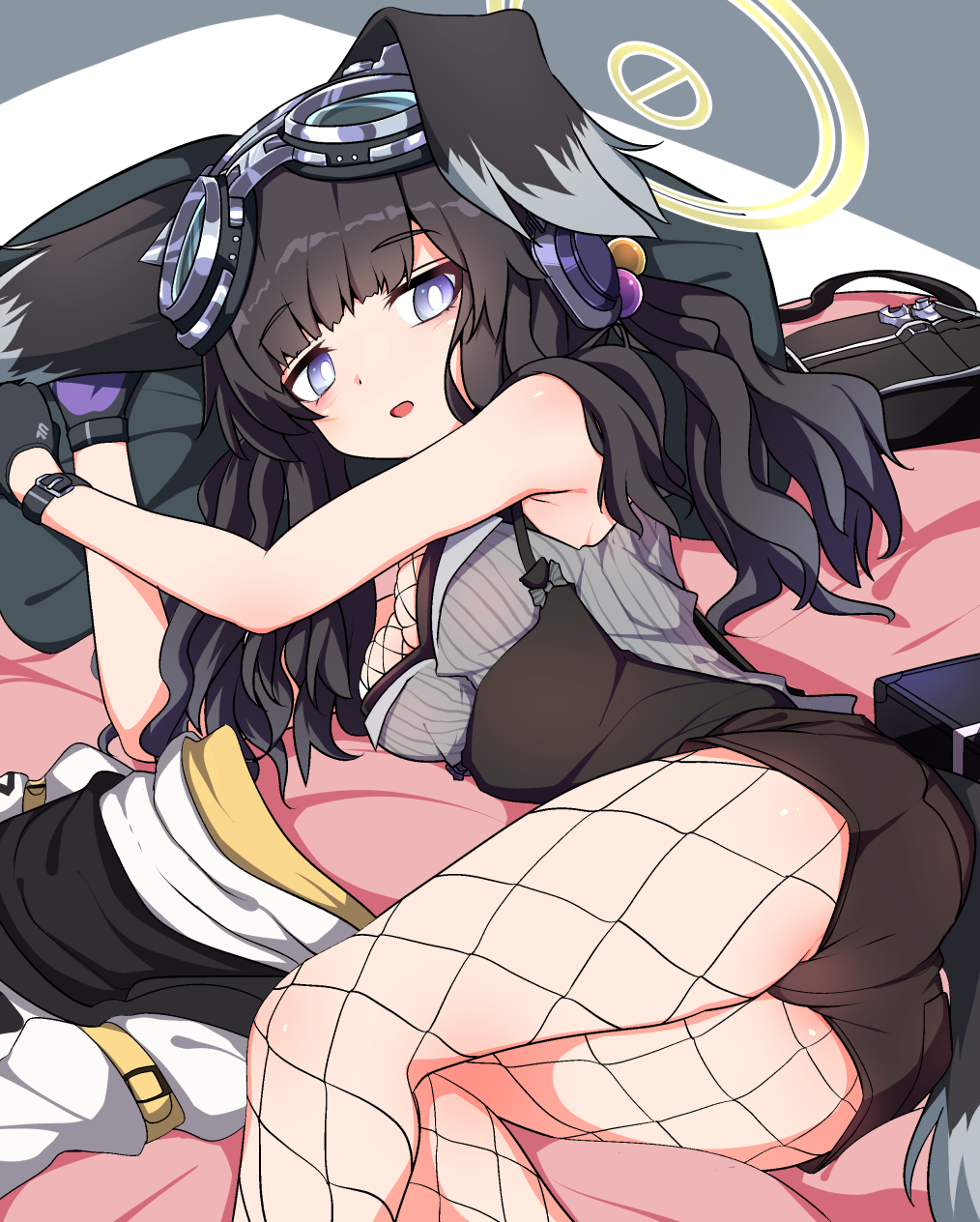 1girl, animal_ears, bag, black_gloves, black_hair, black_shorts, blue_archive, breasts, dog_ears, dog_tail, fishnet_pantyhose, fishnets, gloves, halo, hibiki_(blue_archive), highres, kredorf, long_hair, looking_at_viewer, lying, medium_breasts, on_side, open_mouth, pantyhose, purple_eyes, shorts, solo, tail, yellow_halo
