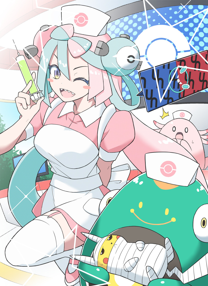 absurdres, alternate_costume, bellibolt, chansey, gen_1_pokemon, gen_4_pokemon, hat, highres, iono_(pokemon), nintendo, nurse, nurse_cap, pikachu, pokemon, pokemon_(creature), pokemon_scarlet_and_violet, rotom, rotom_phone, tago_sota