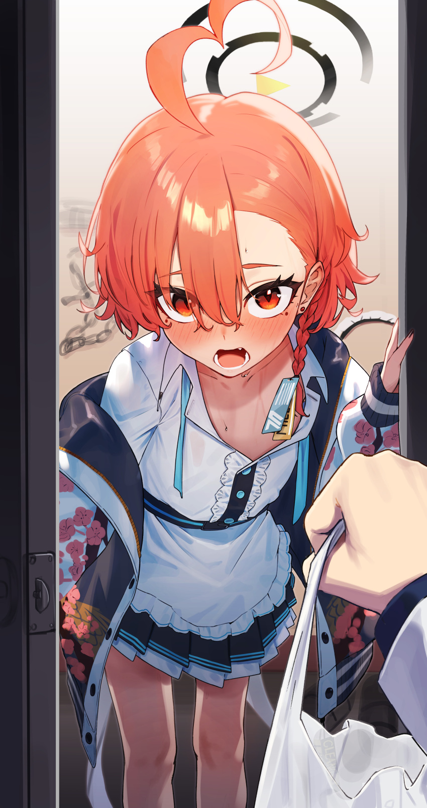 1girl, 1other, absurdres, ahoge, apron, bag, black_halo, black_jacket