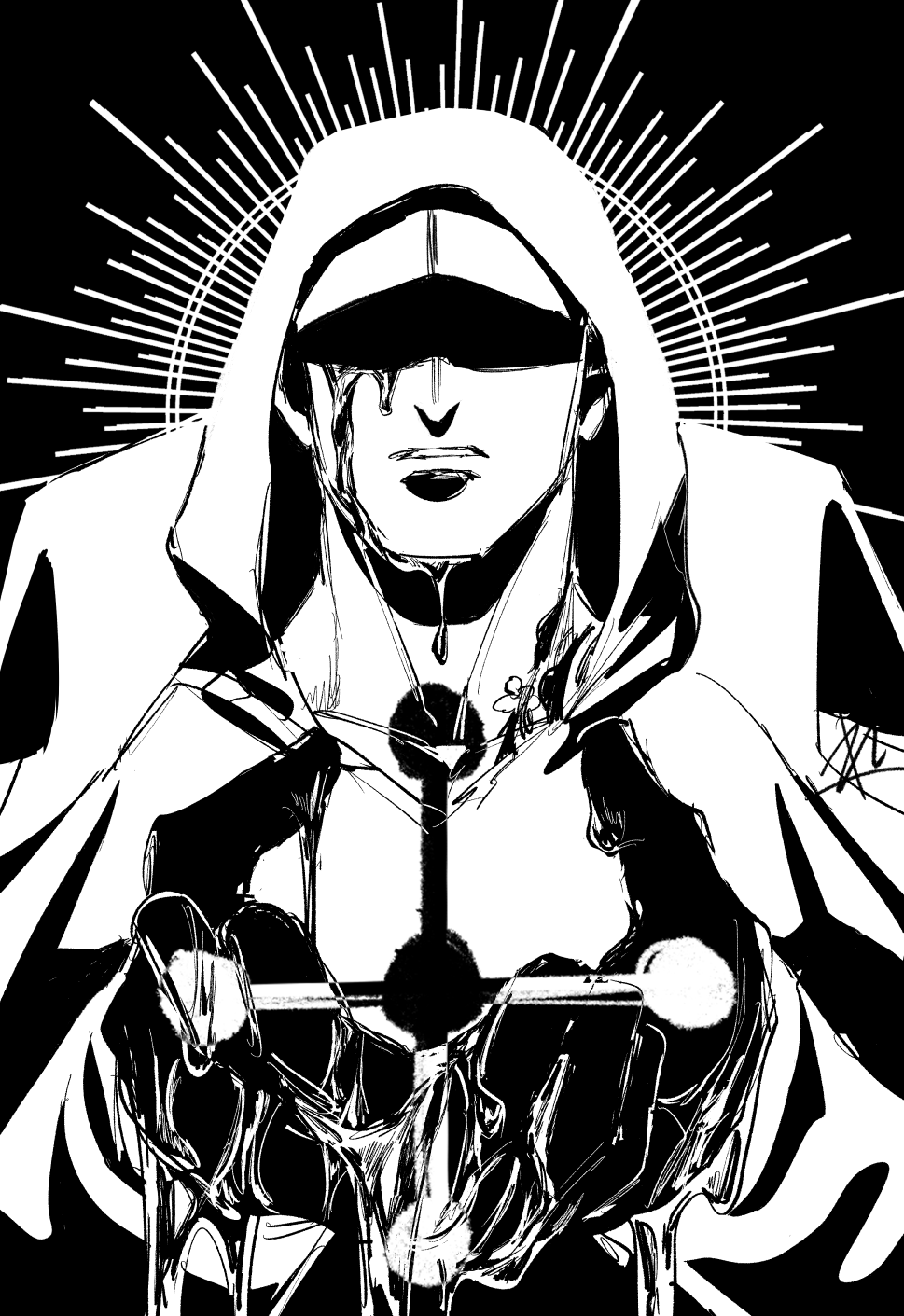 1boy, black_theme, blood, bloody_tears, coat, devil_fruit_power, facing_viewer, halo