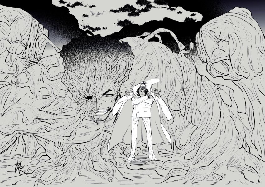 2boys, battle, cigar, coat, crossed_arms, facial_hair, fighting_stance, florakinesis