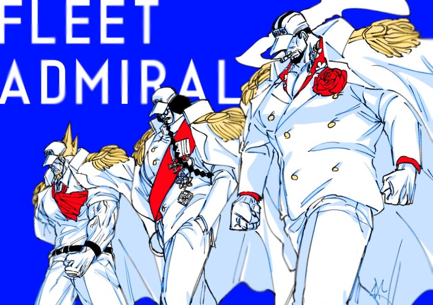 3boys, bara, blue_background, clenched_hands, coat, feet_out_of_frame, gloves, hat_over_eyes, huge_pectorals, kong_(one_piece), large_hands, large_pectorals, male_focus, multiple_boys, multiple_monochrome, muscular, muscular_male, old, old_man, one_piece, pectoral_cleavage, pectorals, re_kitchen, sakazuki_(one_piece), sengoku_(one_piece), short_hair, thick_eyebrows, veins, veiny_arms, walking