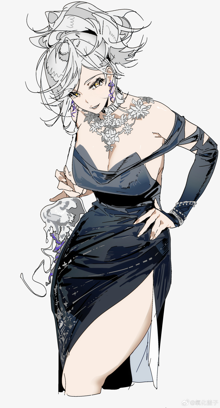 1girl, absurdres, animal_bag, bag, bare_shoulders, black_gloves, blue_dress, breasts