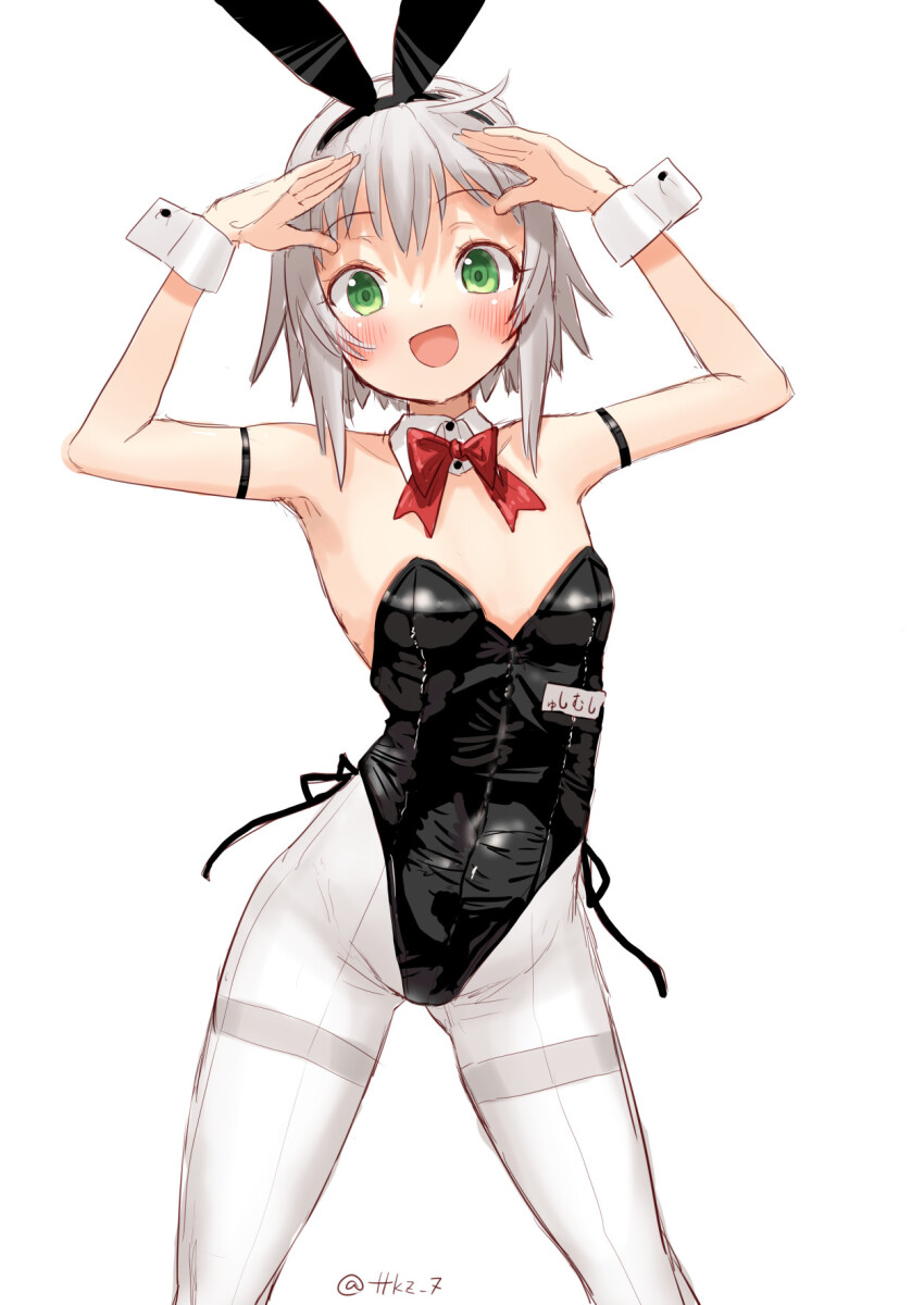 1girl, animal_ears, bare_shoulders, black_leotard, blush, bow, bowtie, breasts