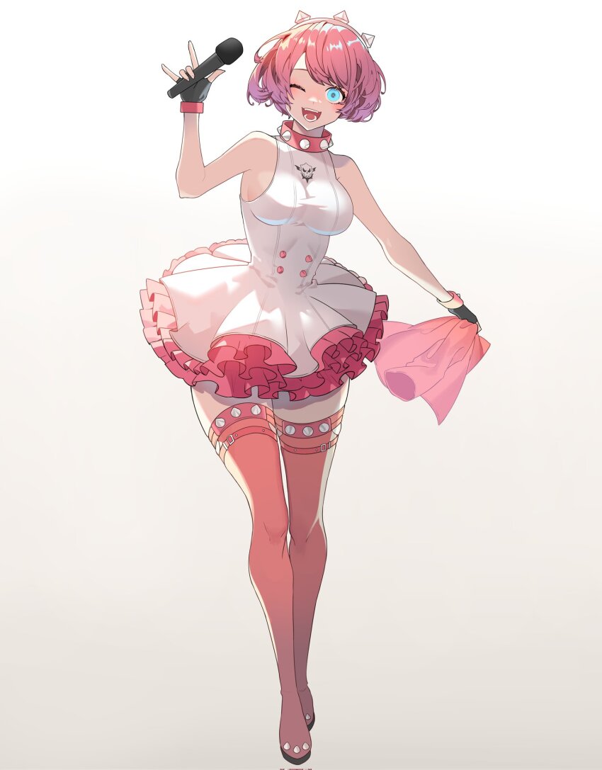 1girl, black_gloves, blue_eyes, blush, boots, bracelet, breasts, collar