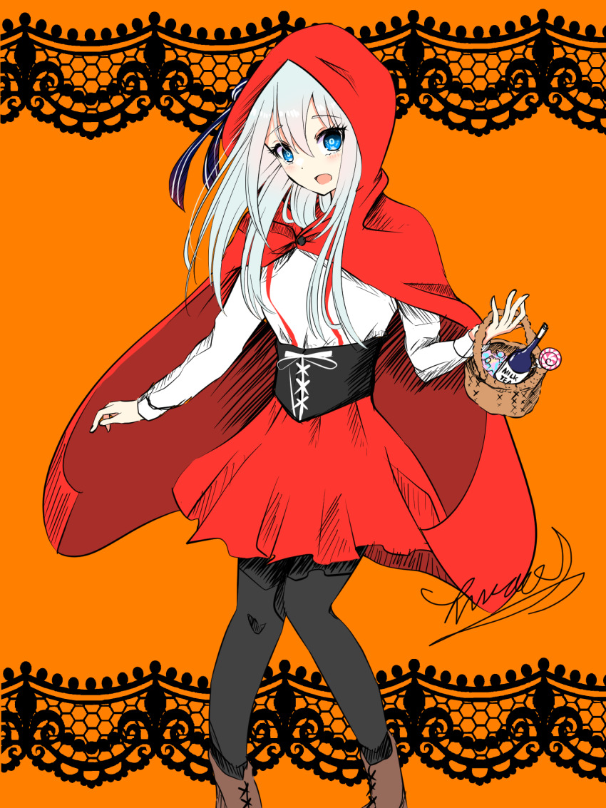 1girl, black_leggings, blue_eyes, breasts, cape, hairband, highres, kaguya-sama_wa_kokurasetai_~tensai-tachi_no_renai_zunousen~, leggings, long_hair, looking_at_viewer, medium_breasts, milk_tea, neigaimu, open_mouth, red_cape, red_skirt, shirogane_kei, shirt, simple_background, skirt, solo, white_hair, white_shirt