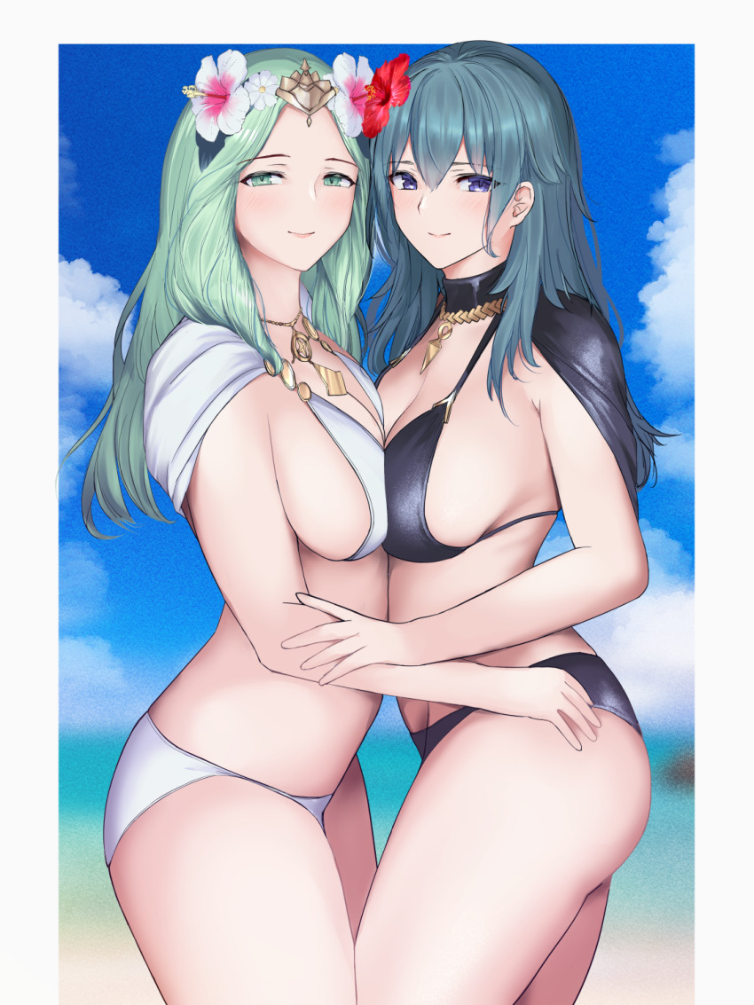 2girls, anesaki, beach, bikini, black_bikini, blue_hair, blue_sky, breast_press