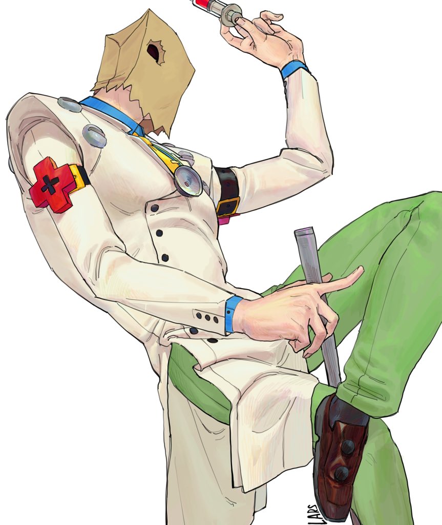 1boy, bag, blue_shirt, faust_(guilty_gear), green_pants, guilty_gear, guilty_gear_xrd, l4r3justdead, male_focus, necktie, pants, paper_bag, shirt, simple_background, stethoscope, syringe, yellow_necktie