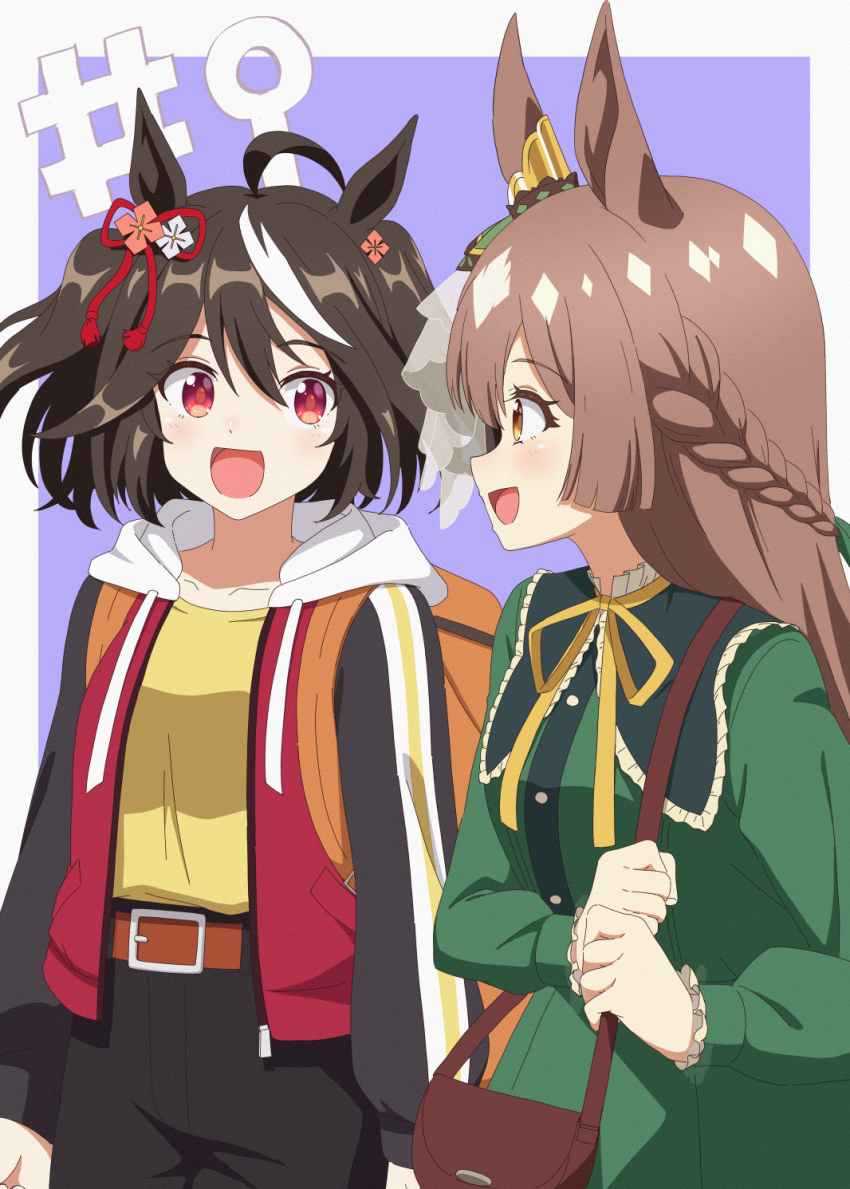 2girls, ahoge, animal_ears, bag, black_hair, blush, braid, breasts