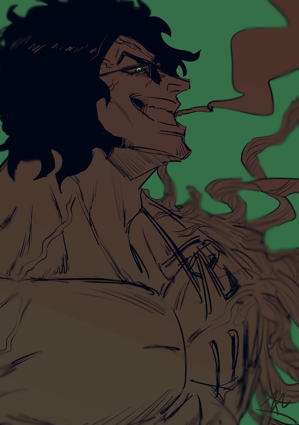 1boy, cigarette, commentary, curly_hair, facial_hair, florakinesis, goatee_stubble, green_eyes, greyscale_with_colored_background, grin, highres, male_focus, muscular, muscular_male, nude, one_piece, pectorals, profile, re_kitchen, ryokugyu_(one_piece), short_hair, smile, smoking, solo, stubble, untranslatable_commentary, tattoo, teeth, upper_body