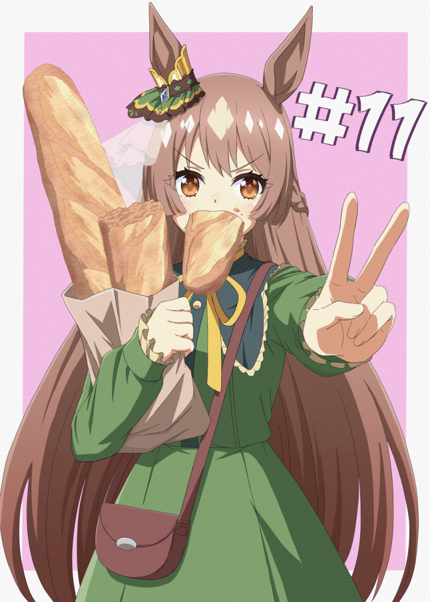 1girl, animal_ears, bag, blush, braid, bread, breasts, brown_eyes