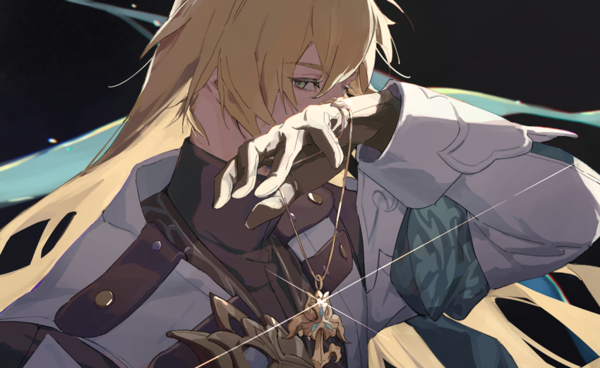 1boy, backlighting, black_background, black_gloves, blonde_hair, commentary, covering_own_mouth, english_commentary