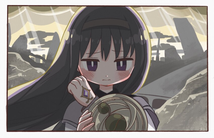 1girl, akemi_homura, akemi_homura_(magical_girl), black_hair, black_hairband, cloud, cloudy_sky, hairband