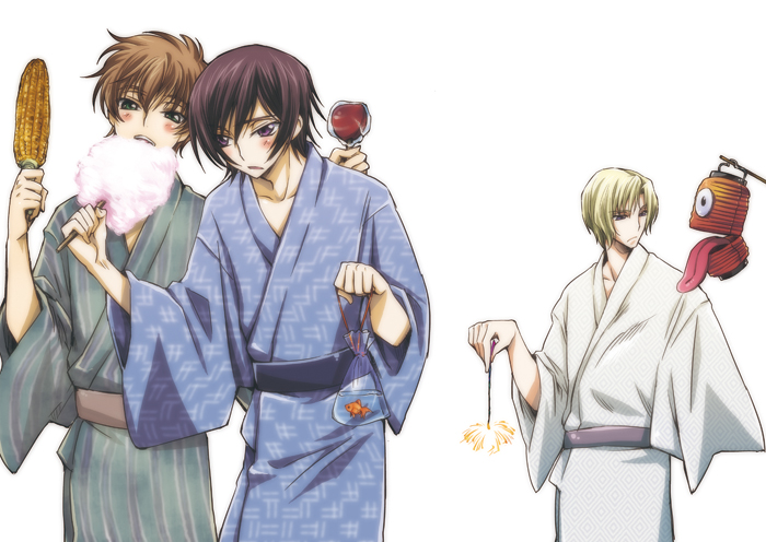 3boys, bad_id, bad_pixiv_id, bag, black_hair, blonde_hair, brown_hair, candy_apple, code_geass, corn, corn_cob, cotton_candy, eikichi_(hp001), fireworks, fish, food, goldfish, holding, holding_cotton_candy, holding_food, japanese_clothes, kimono, kururugi_suzaku, lantern, lelouch_vi_britannia, male_focus, multiple_boys, schneizel_el_britannia, senkou_hanabi, short_hair, simple_background, sparkler, white_background, yukata