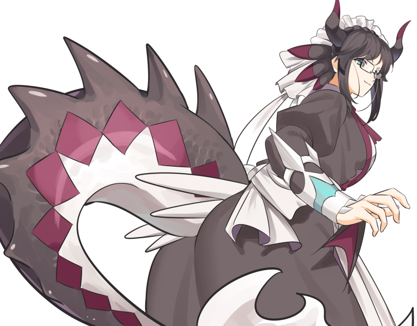 1girl, absurdres, apron, black_hair, breasts, dragon_girl, dragon_horns, dragon_tail, dragon_wings, dress, duel_monster, glasses, green_eyes, highres, horns, house_dragonmaid, large_breasts, lemon_(lmn9911), long_sleeves, maid, maid_apron, maid_headdress, medium_hair, solo, tail, wings, yu-gi-oh!