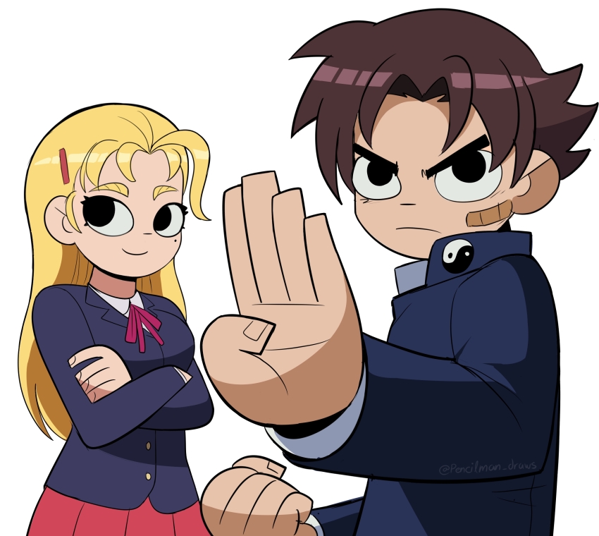 1boy, 1girl, bandaid, blonde_hair, brown_hair, clenched_hand, crossed_arms, fighting_stance