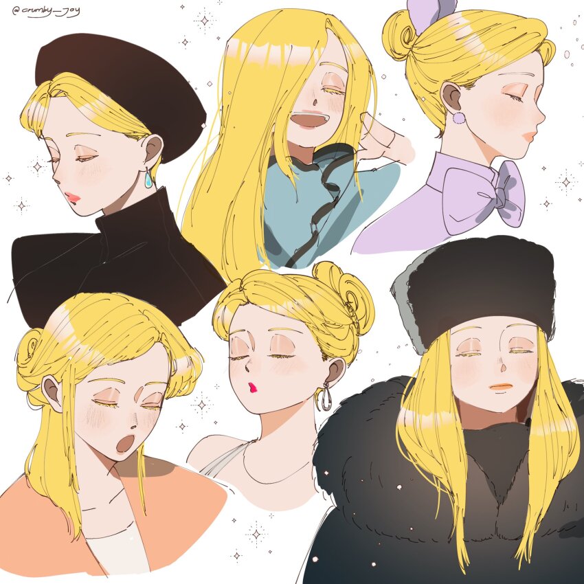 blonde_hair, closed_eyes, coat, colored_eyelashes, commentary, crumby_joy, earrings, emma_(veil), english_commentary, eyeshadow, fur-trimmed_coat, fur_collar, fur_trim, hair_bun, hair_over_one_eye, hair_ribbon, half_updo, hat, highres, jewelry, long_hair, makeup, multiple_views, neck_ribbon, orange_lips, pink_lips, purple_ribbon, red_lips, ribbon, simple_background, smile, star_(symbol), veil_(manga), white_background