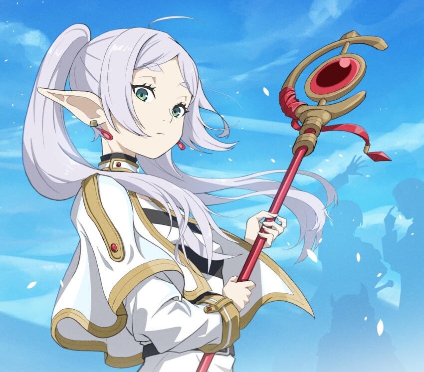 1girl, 3boys, belt, black_belt, blue_sky, capelet, cloud, day