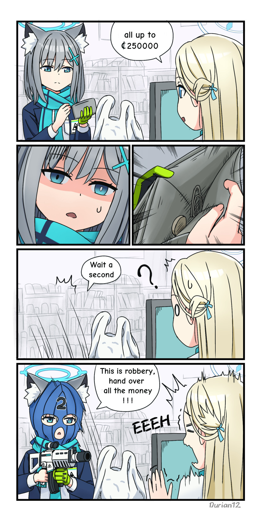 2girls, ?, absurdres, aiming, animal_ear_fluff, animal_ears, assault_rifle, bag