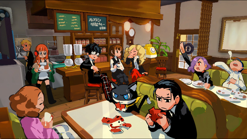 amamiya_ren, atlus, cafe, concept_art, erina_(persona_5_tactica), highres, kasukabe_toshiro, kitagawa_yuusuke, megami_tensei, morgana_(persona_5), niijima_makoto, official_art, okumura_haru, persona, persona_5, persona_5_tactica, sakamoto_ryuuji, sakura_futaba, takamaki_anne