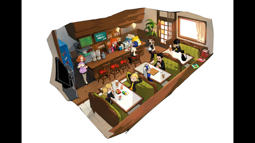 amamiya_ren, atlus, cafe, concept_art, erina_(persona_5_tactica), highres, kasukabe_toshiro, kitagawa_yuusuke, lavenza_(persona_5), megami_tensei, morgana_(persona_5), niijima_makoto, official_art, okumura_haru, persona, persona_5, persona_5_tactica, sakamoto_ryuuji, sakura_futaba, takamaki_anne