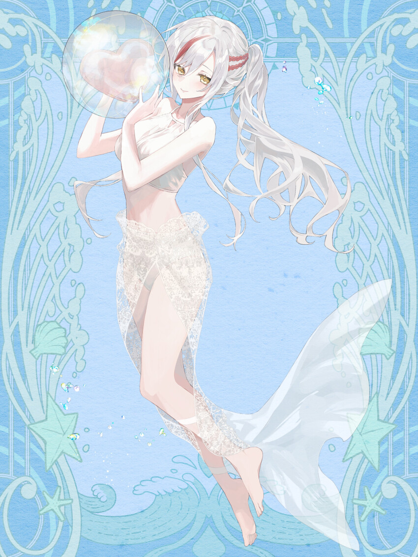 1girl, ball, barefoot, beachball, blue_background, breasts, dairoku_ryouhei, full_body, hair_between_eyes, heart, highres, holding, holding_ball, holding_beachball, inon_lidoti, medium_breasts, midriff, multicolored_hair, panties, ponytail, solo, streaked_hair, underwear, white_hair, white_panties, yaboshi_(nasubi_222), yellow_eyes