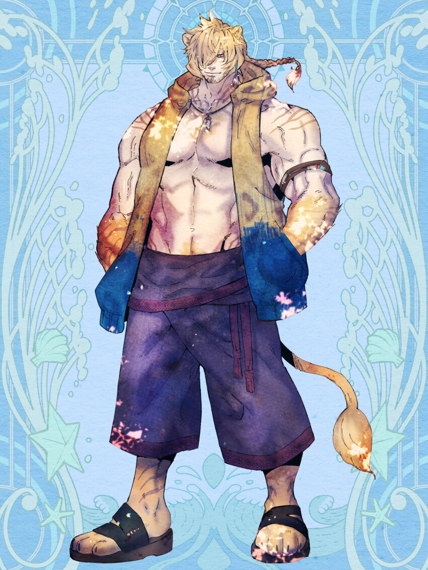 1boy, animal_ears, arm_tattoo, armband, bara, blue_background, braid, braided_ponytail, dairoku_ryouhei, earrings, facial_hair, full_body, furry, furry_male, hair_over_one_eye, hands_in_pockets, highres, hood, hooded_jacket, jacket, jewelry, key_lue, long_hair, momoe_jugo, multicolored_jacket, necklace, open_clothes, open_jacket, open_shirt, pectorals, sandals, shorts, solo, stubble, tail, tattoo, tiger_ears, tooth_necklace, two-tone_jacket