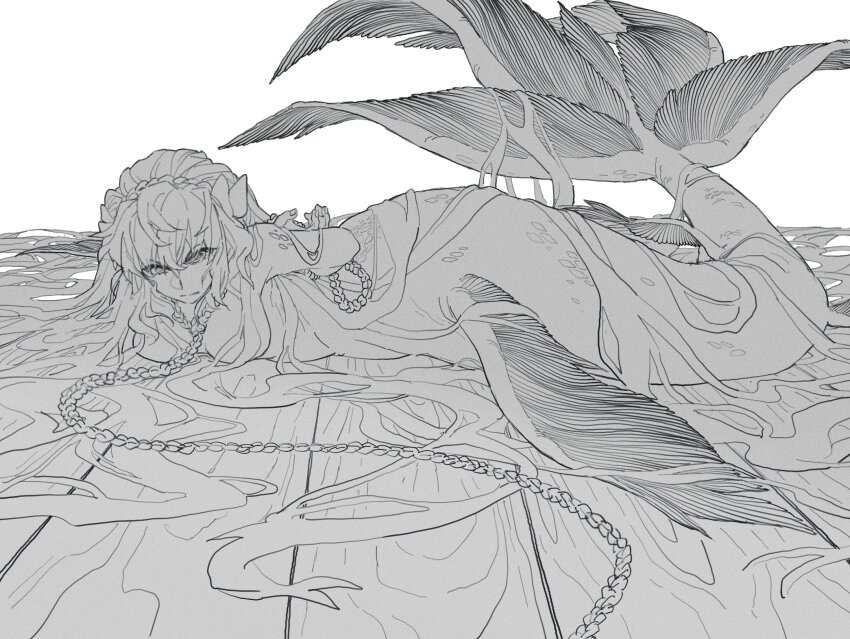 1girl, bound, bound_arms, bow, breasts, closed_mouth, fins, greyscale