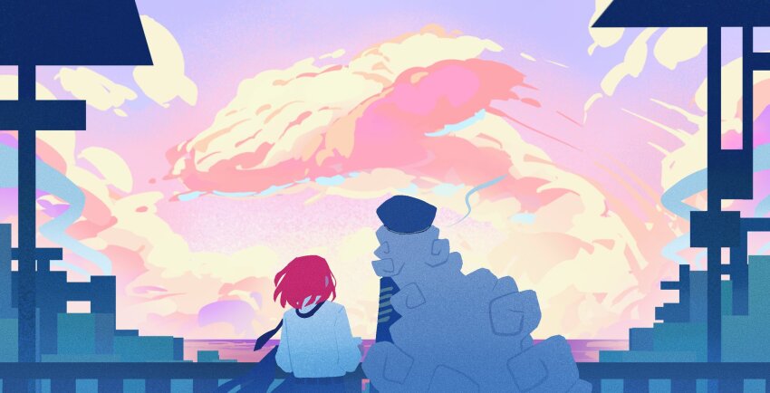 2girls, aged_down, ahab_(project_moon), cloud, evening, hat, highres, ishmael_(district_21_resident)_(project_moon)