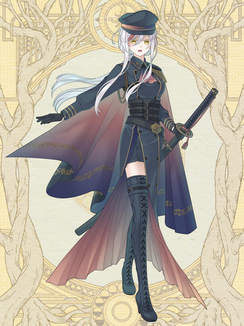 1girl, :o, ascot, belt, black_gloves, boots, brown_cape, cape, dairoku_ryouhei, epaulettes, full_body, fuzukitouka, gloves, gradient_ascot, hair_between_eyes, hat, highres, holding, holding_sword, holding_weapon, inon_lidoti, katana, lace-up_boots, long_hair, long_sleeves, looking_at_viewer, multicolored_hair, pale_skin, sheath, sheathed, single_epaulette, solo, standing, streaked_hair, sword, thigh_boots, uniform, weapon, white_hair, yellow_eyes