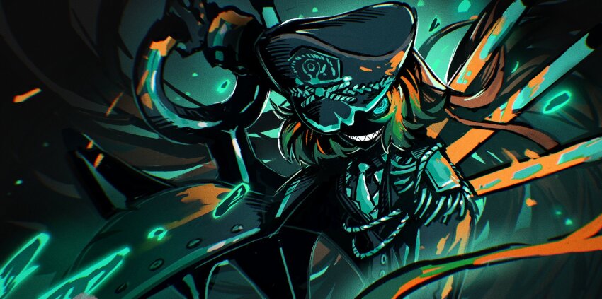 1girl, aiguillette, aqua_blood, aqua_eyes, aqua_necktie, aqua_trim, armor, black_gloves