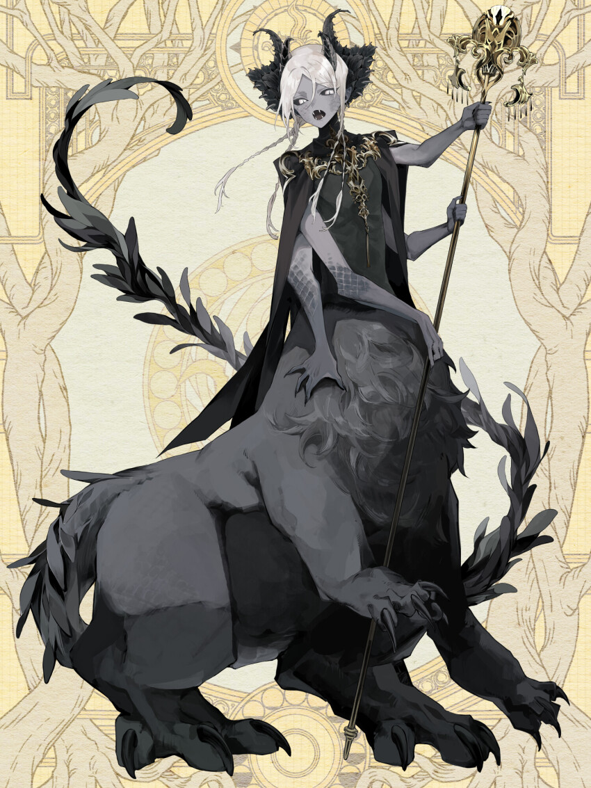 1girl, :o, black_cape, black_horns, black_nails, black_sclera, black_shirt, braid, cape, colored_sclera, colored_skin, dairoku_ryouhei, extra_arms, fangs, flat_chest, fran_leonis, full_body, gold_trim, grey_eyes, grey_skin, hair_between_eyes, highres, holding, holding_staff, horns, long_hair, monster_girl, quad_tails, scales, shirt, slit_pupils, solo, staff, standing, taur, white_hair, yaboshi_(nasubi_222), yellow_background