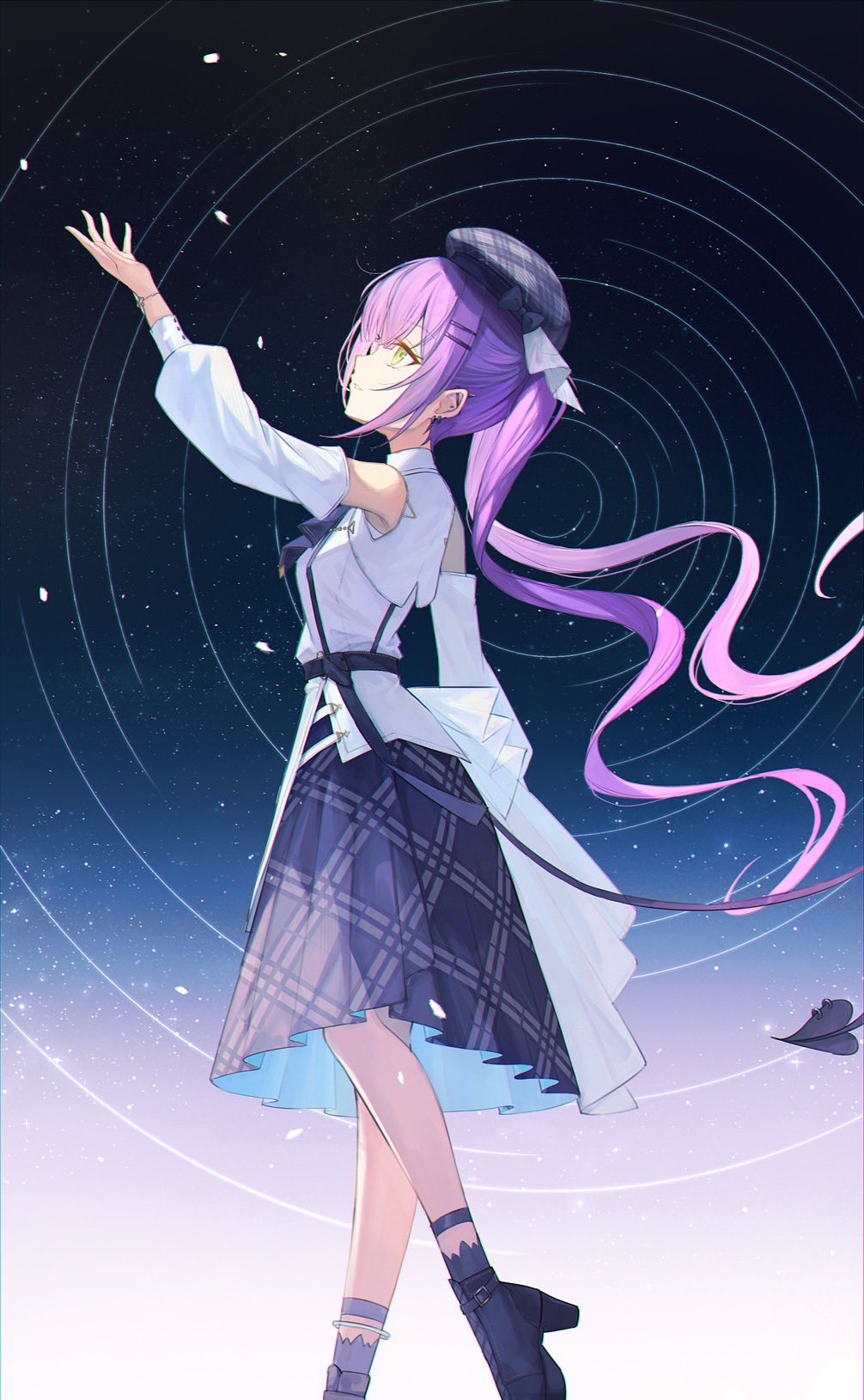 1girl, ankle_boots, ankle_socks, ankle_strap, arm_at_side, ascot, barbell_piercing, bare_shoulders