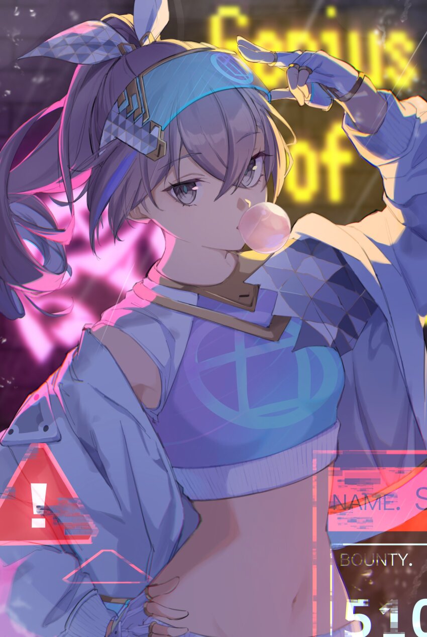 1girl, absurdres, alternate_costume, blowing_bubble_gum, blowing_bubbles, breasts, chewing_gum, cropped_torso, crossed_bangs, english_text, eyewear_on_head, fingerless_gloves, gloves, goggles, goggles_on_head, grey_hair, hair_between_eyes, hand_on_own_hip, high_ponytail, highres, holographic_interface, honkai:_star_rail, honkai_(series), hst_426, jacket, long_hair, looking_at_viewer, midriff, multicolored_clothes, navel, neon_lights, ponytail, sidelocks, sign, silver_wolf_(honkai:_star_rail), small_breasts, solo, tinted_eyewear, upper_body, warning_sign, white_gloves, white_jacket