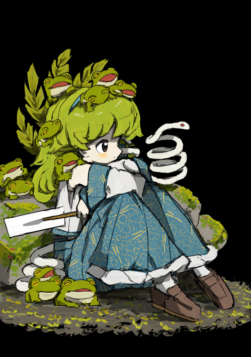 1girl, absurdres, black_background, black_eyes, blue_skirt, brown_shoes, closed_mouth, commentary_request, crossed_arms, detached_sleeves, expressionless, frilled_skirt, frills, frog_on_head, frog_on_shoulder, from_side, full_body, gohei, green_hair, highres, holding, holding_gohei, knees_up, kochiya_sanae, long_hair, neruzou, on_ground, rock, shirt, shoes, sitting, skirt, snake, solo, too_many_frogs, touhou, white_shirt, white_sleeves
