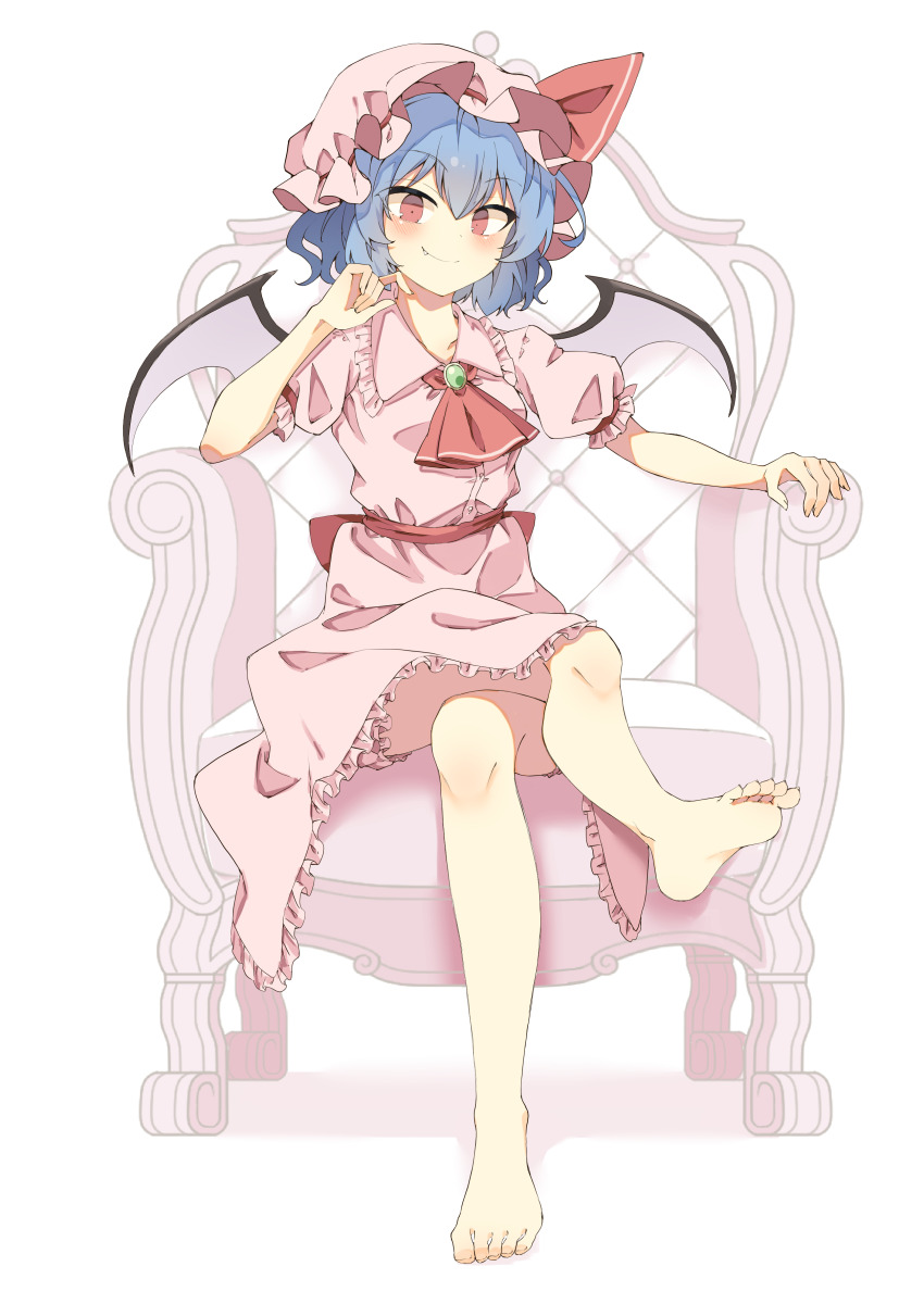 1girl, absurdres, ascot, back_bow, barefoot, bat_wings, bloomers, blue_hair, blush, bow, chair, closed_mouth, commentary_request, crossed_legs, eyes_visible_through_hair, fang, feet, frilled_skirt, frilled_sleeves, frills, full_body, hair_between_eyes, hand_up, hat, hat_bow, highres, index_finger_raised, looking_at_viewer, mob_cap, on_chair, pink_hat, pink_shirt, pink_skirt, puffy_short_sleeves, puffy_sleeves, red_ascot, red_bow, red_eyes, remilia_scarlet, seika_okawari, shirt, short_hair, short_sleeves, simple_background, sitting, skirt, smile, smug, soles, solo, toes, touhou, tsurime, underwear, white_background, wings