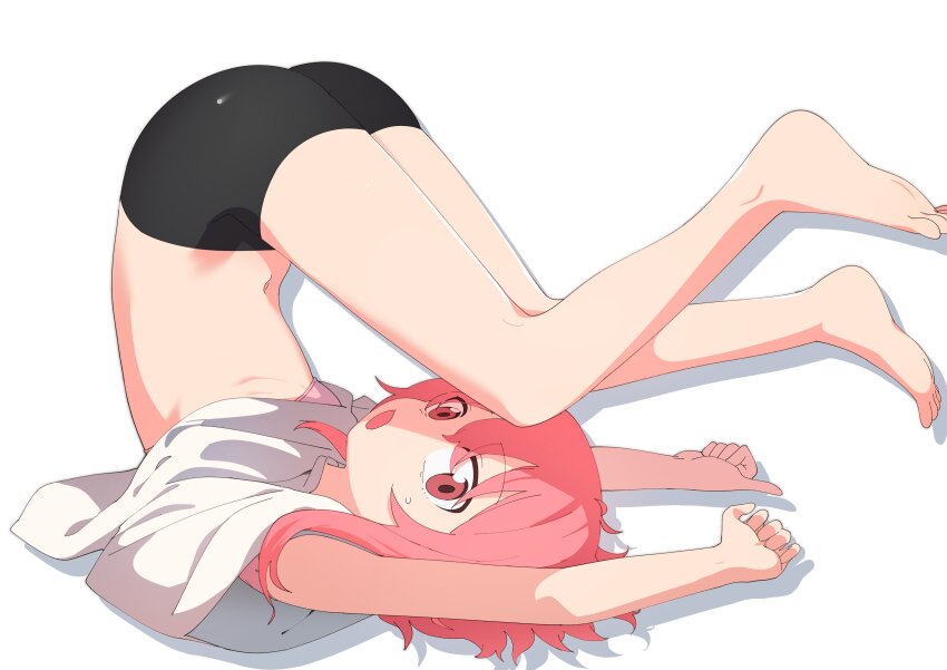 1girl, absurdres, arms_up, ass, barefoot, bike_shorts, black_shorts, bra