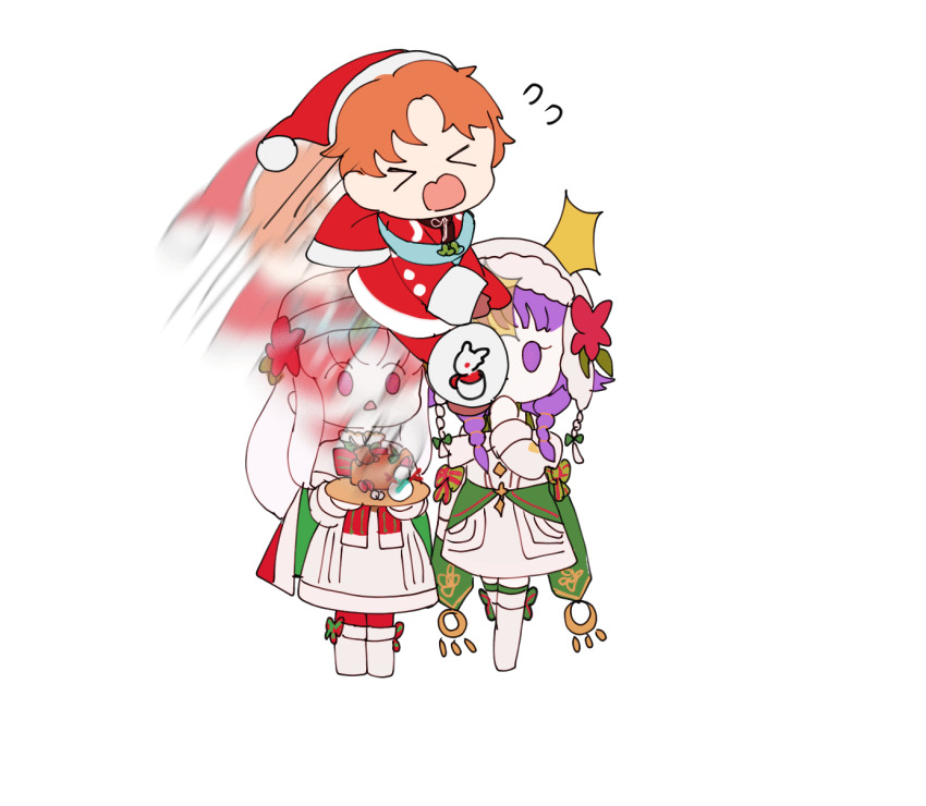 >_<, 1boy, 2girls, :o, animated, animated_gif, artur_(fire_emblem), artur_(silver_saint)_(fire_emblem), blinking, closed_eyes, coat, dress, fire_emblem, fire_emblem:_the_sacred_stones, fire_emblem:_three_houses, fire_emblem_heroes, highres, holding, holding_plate, lute_(fire_emblem), lute_(winter)_(fire_emblem), lysithea_von_ordelia, lysithea_von_ordelia_(winter), multiple_girls, nintendo, open_mouth, plate, purple_hair, red_coat, sasaki_(dkenpisss), short_hair, snow_globe, surprised, white_dress, white_hair, yule_log_(cake)