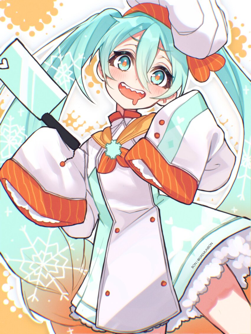 1girl, blue_eyes, blue_hair, blush, chef_hat, cleaver, commentary, dress