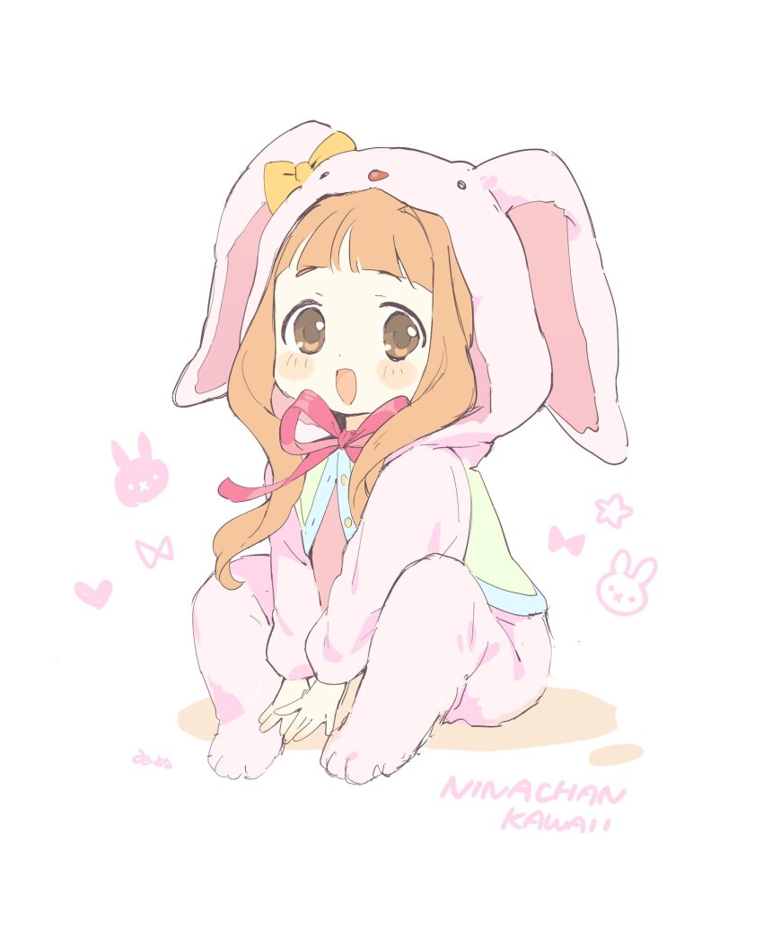 1girl, animal_costume, animal_hood, blunt_bangs, blush_stickers, chipochopo324, cosplay, full_body