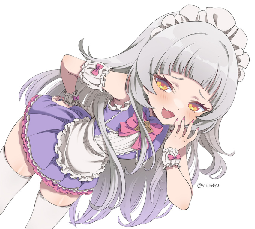 1girl, apron, blunt_bangs, blush, detached_sleeves, dress, fang, grey_hair