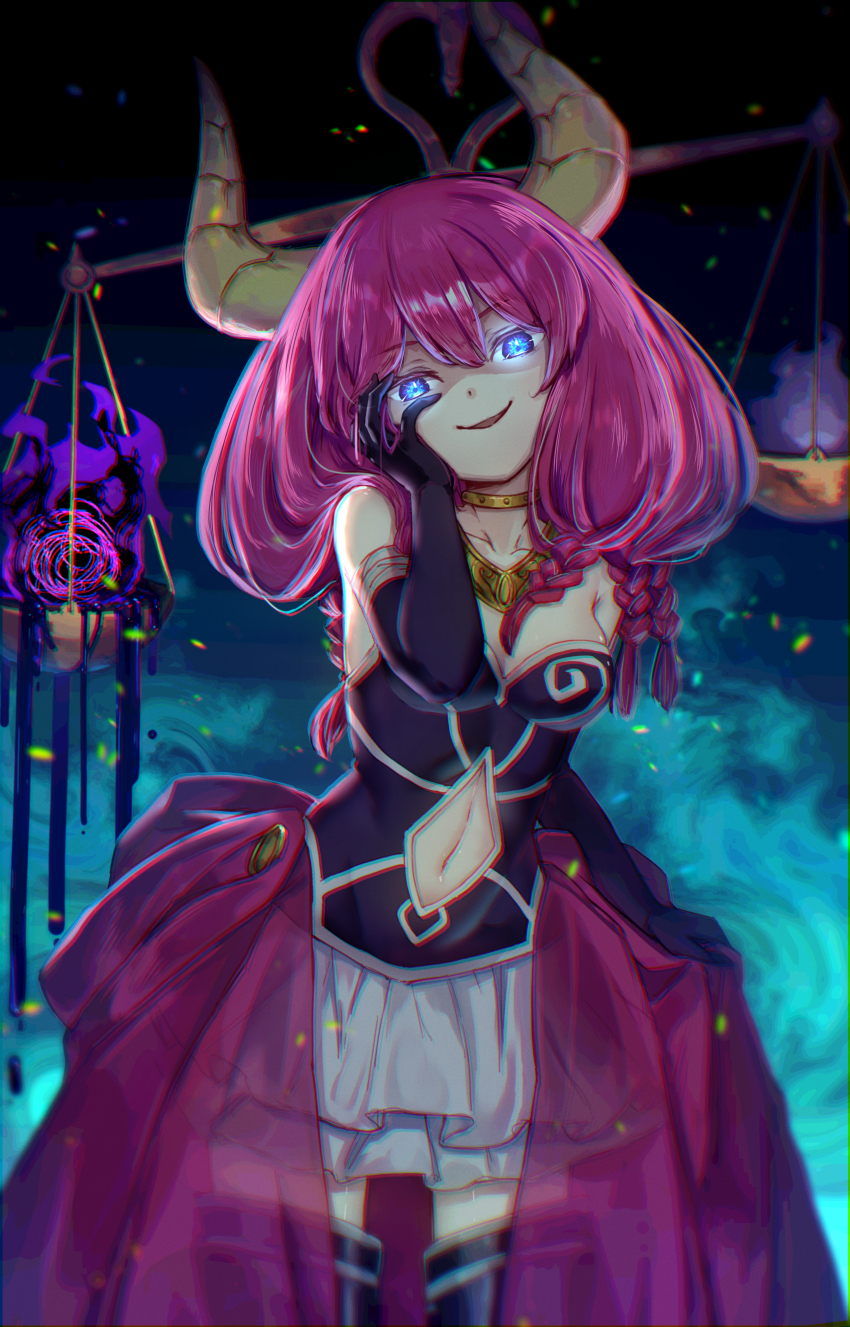 1girl, absurdres, aura_(sousou_no_frieren), bare_shoulders, black_corset, black_gloves, blue_eyes, boots, braid, breasts, cleavage, clothing_cutout, corset, demon_girl, demon_horns, elbow_gloves, gloves, gold_necklace, hair_between_eyes, highres, horns, jewelry, kutabiretainu, large_breasts, long_hair, low-braided_long_hair, low-tied_long_hair, multiple_braids, navel, navel_cutout, necklace, parted_lips, pleated_skirt, skirt, smile, smug, sousou_no_frieren, thigh_boots, thighs, twin_braids, weighing_scale, white_skirt