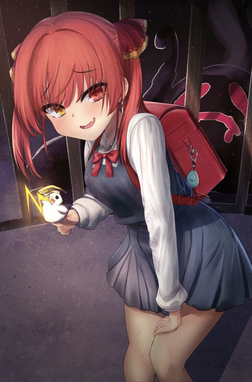 1girl, absurdres, aged_down, backpack, bag, black_skirt, black_vest, blush