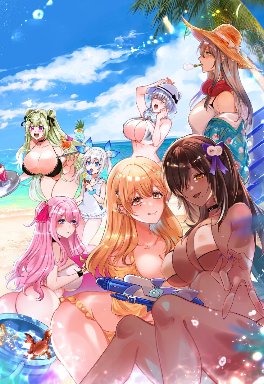 6+girls, absurdres, ass, beach, bikini, blonde_hair, blue_eyes, breasts