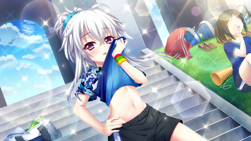 2girls, ahoge, arch, bag, black_hair, black_shorts, blue_scrunchie, blue_shirt