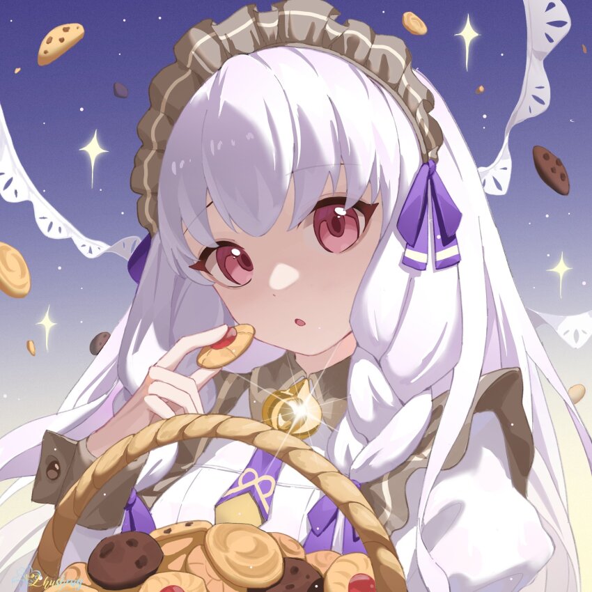 1girl, :o, artist_name, basket, commentary, cookie, dress, fire_emblem
