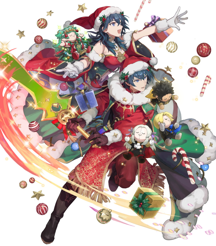 1boy, 1girl, attack, bare_shoulders, black_footwear, black_gloves, blue_eyes, blue_hair