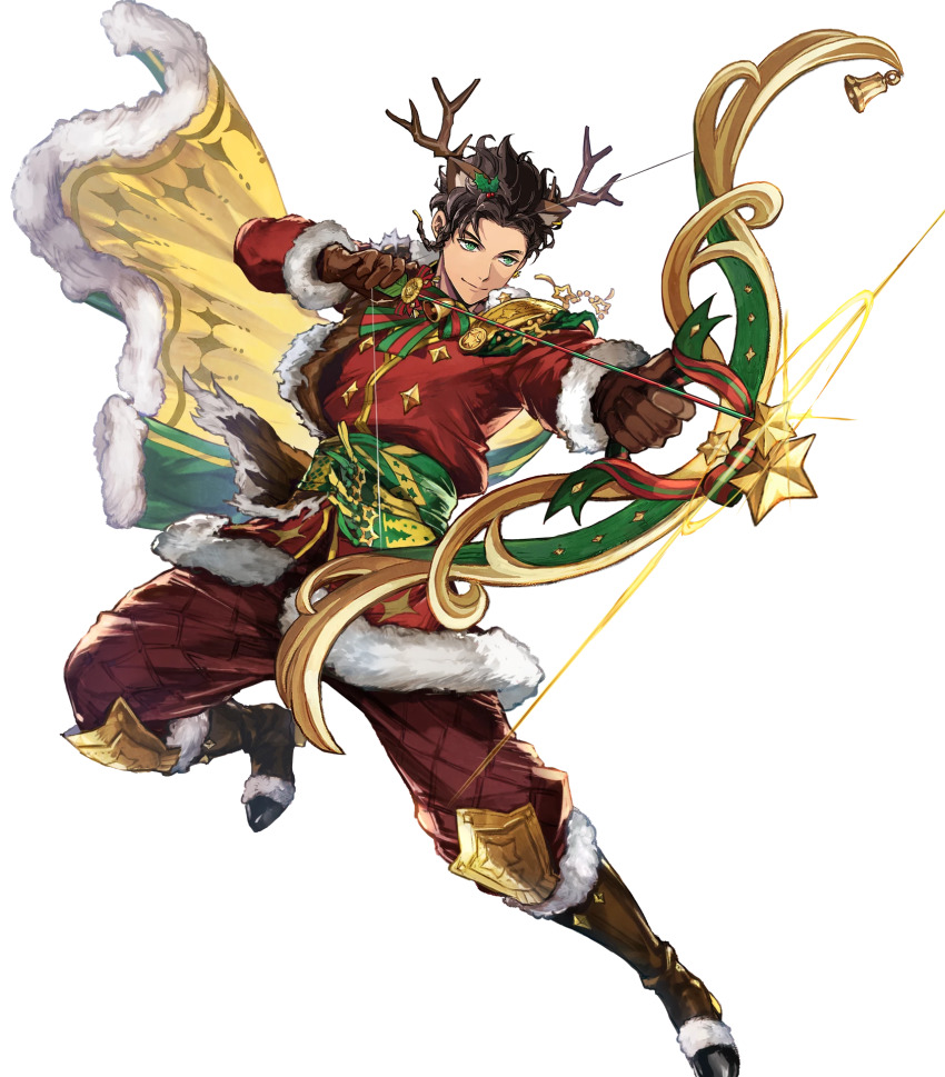 1boy, aiming, animal_costume, animal_ears, antlers, attack, bow_(weapon), bow_and_arrow_hold